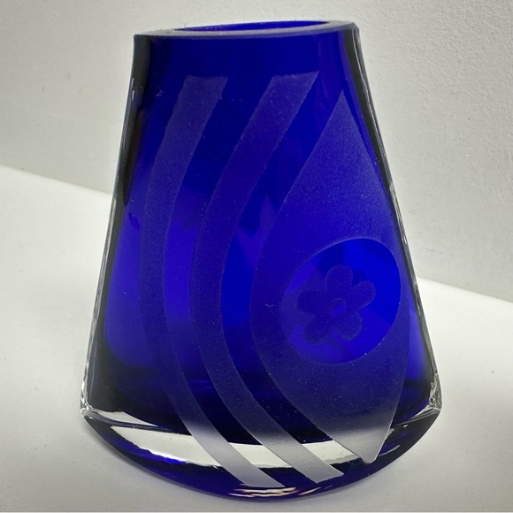 Art Glass Tapered Rocking Vase Cobalt Blue Midcentury Modern Etched EUC - Picture 2 of 6